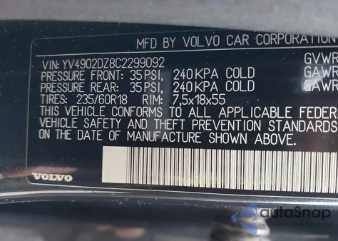 2012 Volvo Xc60 T6/T6 Platinum/T6 Premier Plus/T6 R-Design/T6 R-Design Platinum/T6 R-Design Premier Plus z USA, uszkodzony, nr VIN YV4902DZ8C2299092